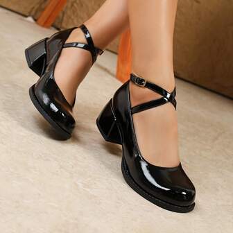 Zapatos de charol tipo Mary Jane para mujer, con correa de tobillo y tacón grueso, punta redonda, en múltiples colores, versátiles para uso casual, de fiesta, oficina y hogar, con estilo bohemio y hebilla cruzada