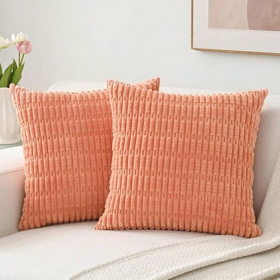 Volcanics Pack Of 2 Corduroy Decorative-Throw-Pillow-Covers-18x18, Soft Striped Square Cushion Cases, Modern Farmhouse Boho Home Decor, Coral,18inchx18inch(Packof2),Coral - Coral - 查看 1