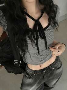 夏季新款时尚系带露背条纹短袖T恤，修身露脐百搭上衣 - 灰色 - 查看 5