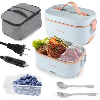 120W Electric Lunch Box Food Heater, 1.8L 4 IN 1 12V/24V/110V Heated Lunch Boxes For Adults/Work/Car/Truck/Home, Dual-Lid Portable Food Warmer Lunch Box With 0.45L Compartment