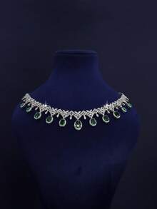 5pcs Luxury Royal Style Geometric Tassel Design Bridal Wedding Jewelry Set, Handset White Cubic Zirconia, Including Necklace, Bracelet, Earrings, Ring, Suitable For Daily Wedding Wear, Wedding Anniversary Gift (Comes In Gold Gift Box) - Geometric Green Diamond Bridal Set - View 5