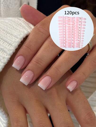 5pcs/Set (120pcs) Milky White Ombre Nail Polish Strips, Short Square Nail Stickers, Multiple Styles, Nail Art Supplies (Includes 1 Bottle Of Gel Polish And 1 Nail File) Nails
