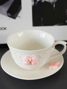 1 Set 300ml High-Quality Pink Bow Ceramic Coffee Cup & Saucer, Heat-Resistant Milk Mug, Tea Cup, Dessert Cup, Beverage Cup, Best Gift Choice For Friends, Lovers Or Family - White - View 4