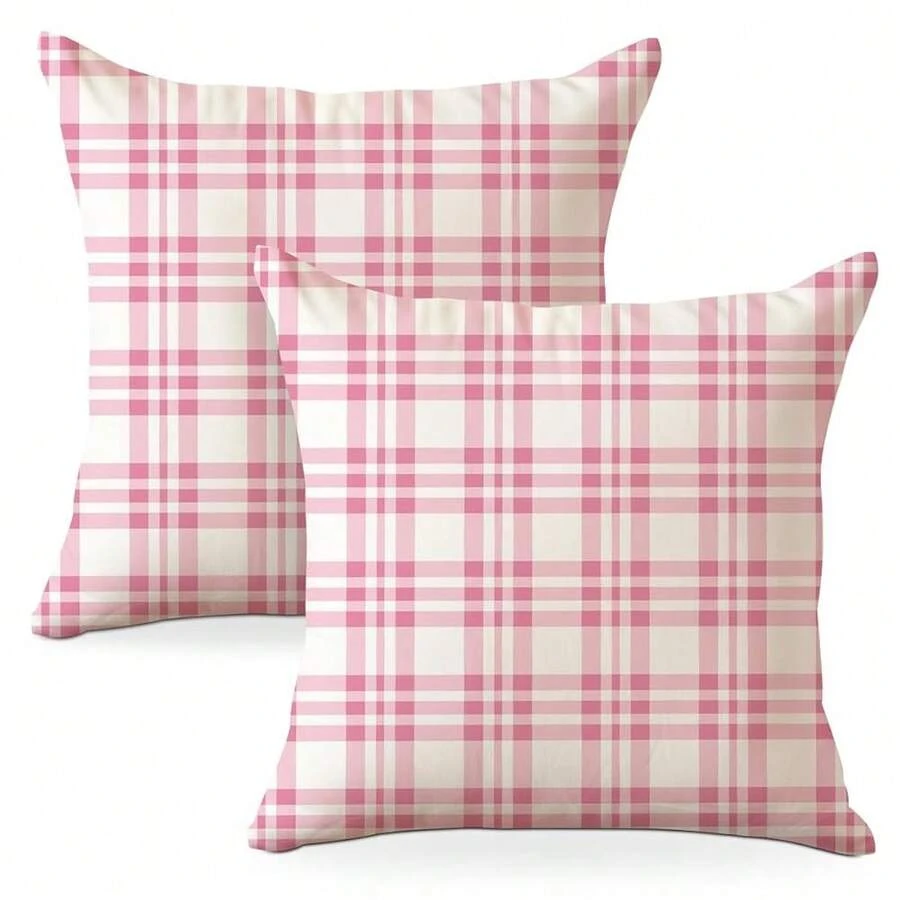 Pink Checkered Pillow Covers 18x18 Pack Of 2, Classic Plaid Gingham Throw Pillow Covers, Pillow Covers For Office Living Room Bedroom Home Sofa Couch Decor, Aesthetic Cushion Covers Pillow Cases,Pinkwhiteplaid06 - 粉紅白格子06 - 查看 1