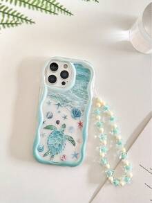 Cream Textured Wavy Edge Glossy Starfish Shell Turtle Painted Anti-Drop Phone Case With Beaded Bracelet Accessory, Compatible With IPhone 17pro/17Air /17/17promax16/11/16pro/16plus/16promax/16e/15Promax/13/14/12/XS/XR/7G/8P, Galaxy 11/12Pro/12/12X/13Pro/14Pro/15Pro/, Redmi 10/9/Note9/12c/Note11pro/Note8Pro - Multicolor - View 5