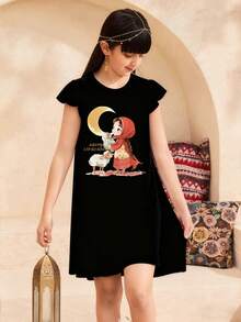 1pc Girls Eid Mubarak Theme Ruffle Sleeve Dress, Cartoon Girl Print, Soft Fabric, Suitable For Festivals And Daily Wear, Spring/Summer - Black - View 2