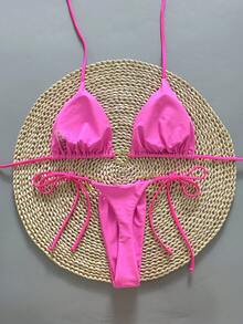 两件套休闲可爱优雅性感波西米亚风花卉系带编织比基尼泳衣，海滩度假，春夏粉色 - 粉色 - 查看 2