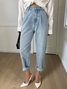 Livesso 高腰刺繡細節錐形褲 - 淺色水洗藍 - 查看 7