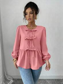 Women's Babydoll Peplum Blouse Shirt Puff Long Sleeve Bow Tie Front  Cute Y2K Going Out Tops - 粉色 - 查看 4