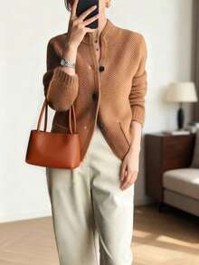 Autumn/Winter New Elegant Loose Fit Commuter Cardigan, Vintage Sheep Wool Knit Open Front Sweater Jacket For Women - Khaki - View 2