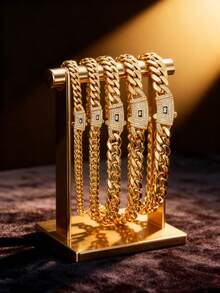 14mm Gold Cuban Link Chain And Bracelet Set 14K Gold Plated - 316L Stainless Steel Never Tarnish Waterproof With Vacuum Iced Diamond S Logo Clasp, Hip Hop Necklace & Bracelet Combo - Nhiều màu - Xem 5
