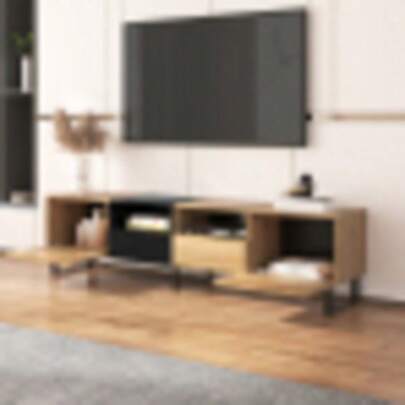 Modern TV Stand With Black And Wood-Colored Design – Spacious Storage Space, Robust Construction