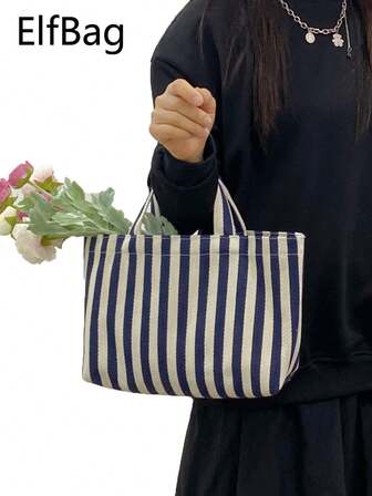 Casual Striped Canvas Tote Bag, Fashionable Handbag, Lightweight & Durable Lunch Bag, Suitable For Moms, Students, Office Workers, Shopping, Versatile Tote