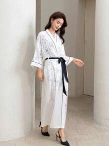 Retro Mid-Length New Chinese Style Minimalist Elegant Fashion Printed Kimono Cardigan, Casual Homewear Tie-Waist Robe, Lightweight Summer Beach Swimsuit Cover-Up, Thin Jacket