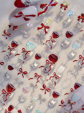 1pc Creative Wine Glass/Bow Pattern Design Nail Art Sticker, Y2K Style 3D Nail Decor For Hand & Foot Care, DIY Nail Art Charm Decoration, Suitable For Daily, DIY Nails, Phone Cases, Diaries, Loved By Women & Girls