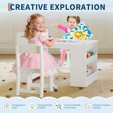 Mesa de arte infantil de 49 pulgadas, mesa grande de manualidades con 2 sillas, escritorio multifuncional con estantes para habitación infantil, jardín de infancia, sala de juegos y escuela. - Blanco - Ver 1