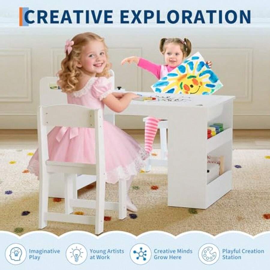 Mesa de arte infantil de 49 pulgadas, mesa grande de manualidades con 2 sillas, escritorio multifuncional con estantes para habitación infantil, jardín de infancia, sala de juegos y escuela. - Blanco - Ver 1
