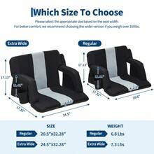 ShiningLove Wide Bleacher Seats With Back Support – 2-Pack Reclining Stadium Chairs, Padded Cushion, Anti-Slip Base, 6 Adjustable Angles, Armrests & Storage Pockets For Sports Events - 黑色/灰色 20吋寬 - 查看 2