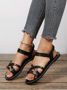 Nuevas sandalias planas de talla grande para mujer con banda elástica cruzada, cómoda punta redonda, para uso en exteriores, de estilo casual y moda, tipo slip-on, perfectas para la playa y vacaciones de verano - Negro - Ver 5