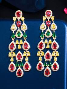 一对奢华镀金长款水滴流苏耳环，巴西风格婚礼耳环，立方氧化锆首饰配饰，适合订婚、婚礼、派对、舞会、伴娘礼物 - 1 pair earrings - 查看 15