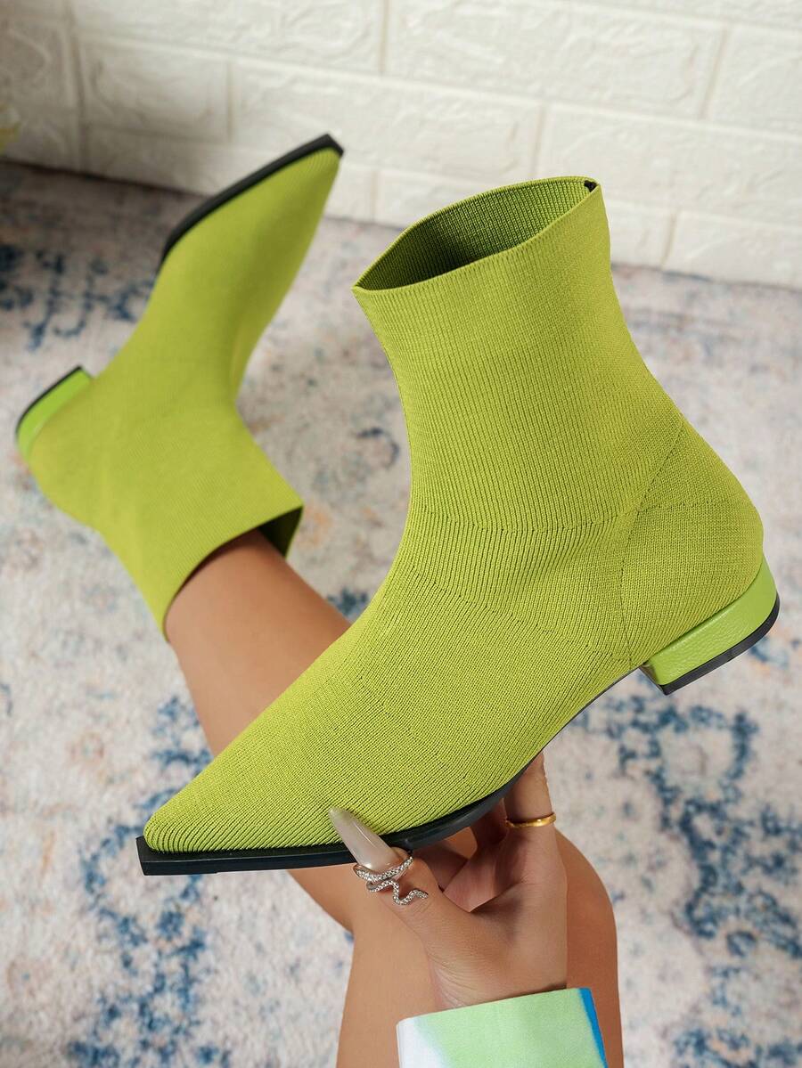 Ghete scurte și botine pentru femei, la modă, confortabile, cu toc gros/jos, vârful ascuțit, verzi, fără slip-on, tricotate, respirabile, calde, casual, versatile, pentru petreceri, sexy, elastice, cizme plate, confortabile, la modă