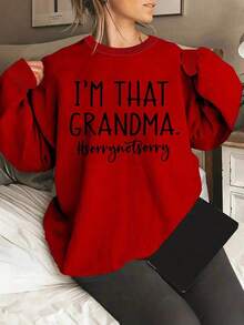 Fall Outfit For WomenWomen's "I'M THAT GRANDMA" Letter Print Crew Neck Sweatshirt - Casual Relaxed Fit Brown Pullover, Machine Washable All-Season Comfort For Casual Attire, Grandma Sweatshirt, Humorous Gift Apparel, Playful Text Design, Soft Fabric-Autumn Clothing 320G Women's Crew Neck Sweatshirt - Street-Ready Chic For Workday Runs ​ Loose And Comfortablechristmas Outfit Women - 紅色 - 查看 12