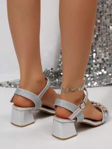 1 Pair Girls/Teens Comfortable Luxury PU Non-Slip Durable Fashion Round Toe Chunky Heel Rhinestone Decor Open Toe Criss-Cross Strap High Heel Sandals, 5CM Heel Height, Suitable For 15+ Years Old, Fashionable For Travel, Vacation, Casual, Party, School, Beach, Spring/Summer