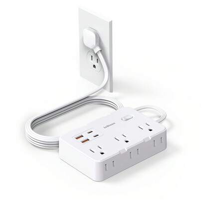 JcBlaon 5英尺带防浪涌保护的电源条，带4个USB接口（2个USB-C），6英寸宽插座扩展器，扁平插头，可壁挂，可用作桌面充电站，适用于办公室、学校、旅行、宿舍等场所。