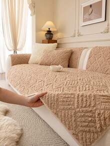 1pc Modern Minimalist Warm Solid Color Plush Sofa Cover, Pet-Friendly, Versatile And Comfortable Sofa Pad, Suitable For Home, Bedroom, Living Room, Office, Home Decor, Fits 1/2/3/4 Seater Sofa - Khaki - View 5