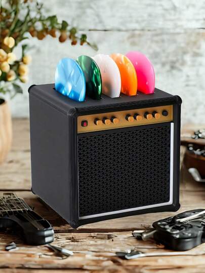 3D打印复古音箱吉他拨片收纳架 - 可收纳5个吉他拨片，带通风孔，耐用黑色金属设计，适用于电吉他、木吉他、尤克里里等，时尚配件，适合吉他手用作礼物（不含拨片）