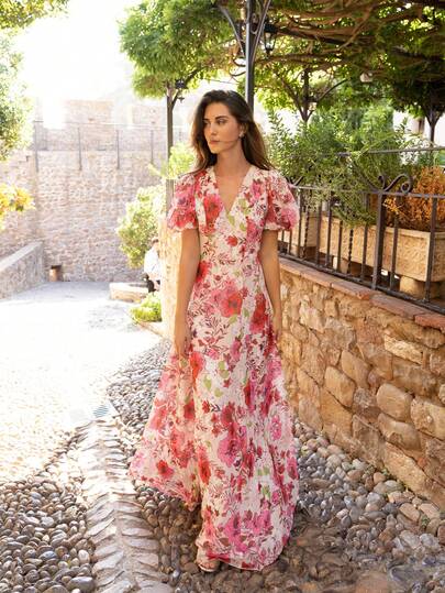 Faeriesty Floral Print Elegant Chiffon Maxi Dress, Puff Sleeve Design - Bold Floral Pattern, Suitable For Weddings, Galas And Upscale Summer Evenings