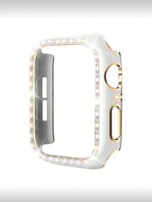 1PC White Shiny Rhinestone Decor Hollowed Out Case Flashing Anti-Fall Laser Engraving Bumper Cover, For Apple Watch Case 40/41/42/44/45/46/49MM, For Apple Watch Series Ultra/SE/10/9/8/7/6/5/4, Intelligent Watch Case Accessories - Hollow White + Gold - View 8