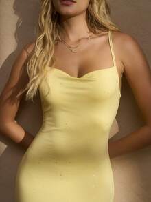 This Elegant Fitted Sequin Dress Features A Cross-Back Design With Delicate Adjustable Straps, Perfect For Holiday Dates And Parties. - Yellow - View 6