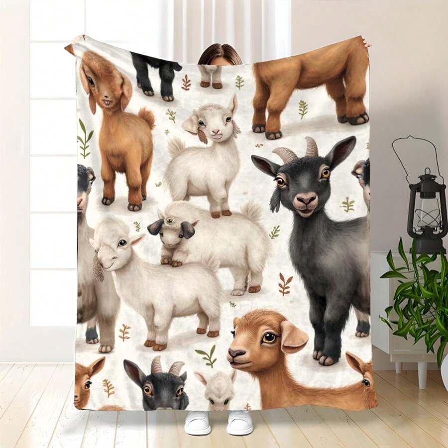 Cozy Goat Print Blanket - Soft & Warm Winter Scene Design With Snowflakes & Red Ribbons, Super Soft Flannel Printed  Blanket,As Birthday Gifts, Family, Wedding, Souvenir Blankets, Polyester Blankets Suitable For All Seasons, Washable, Machine Washable, Lightweight, Breathable, Comfortable, Warm, Unique, 280gsm For Him, Her Personalized Ideal Gifts For Her, Him, Family, Boyfriend, Girlfriend, Father, Family, Mother, Lover, Daughter, Son, Grandfather, Grandmother, Friend, Classmate, Pet.   Perfect Nap, Camping, Travel, Home, Daily Life, Office Decoration, Birthday, Anniversary, Valentine's Day, Thanksgiving, Christmas, Halloween, Mother's Day, Father's Day, Wedding, New Year Gifts ,Sofa,Bed,Car,Bedroom,Living Room,Office,  Outdoor Camping, Beach,Wall Decoration - 多色19 - 查看 1