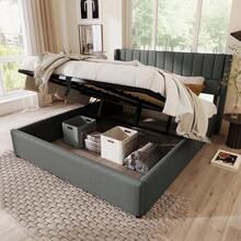 Storage Bed, Upholstered Bed, 180x200cm Hydraulic Double Bed, Wooden Slatted Base, Bed With Metal Slatted Base, Linen, Grey - Gray + Linen - View 4