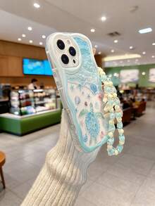Cream Textured Wavy Edge Glossy Starfish Shell Turtle Painted Anti-Drop Phone Case With Beaded Bracelet Accessory, Compatible With IPhone 17pro/17Air /17/17promax16/11/16pro/16plus/16promax/16e/15Promax/13/14/12/XS/XR/7G/8P, Galaxy 11/12Pro/12/12X/13Pro/14Pro/15Pro/, Redmi 10/9/Note9/12c/Note11pro/Note8Pro - Multicolor - View 4