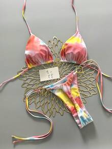 2pcs Bohemian Tie-Dye Leopard Print & Star Pattern Casual Elegant Sexy Bikini Swimsuit, Braided Trim, Suitable For Beach Vacation, Spring/Summer