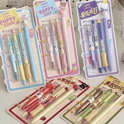4pcs/Set Cute Cartoon Dog Themed Ballpoint Pens, 0.5mm Tip, Smudge-Proof Ink, Suitable For Students, Comes In Dog, Bear, Cat And Rabbit Patterns