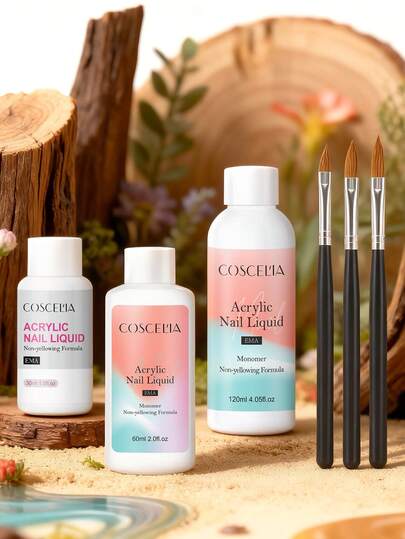 coscelia 30/60/120ml Líquido Monómero Acrílico EMA, Viene con 3 Pinceles de Uñas Acrílicas, Sistema de Uñas Acrílicas de Gran Capacidad, Adecuado para Uñas Acrílicas DIY para Principiantes, Extensión de Manicura Francesa, Uso en Salón de Esculpido de Uñas (Se Envía Aleatoriamente Líquido Acrílico de 120ml)