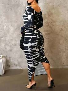 Spring And Summer Elegant Long-Sleeved Ankle-Length Tie-Dye Contrasting-Color Print Tight-Fitting Dress, Sexy Tight-Fitting Figure-Hugging Long Dress For Women - màu đen - Xem 4