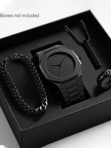 4pcs/Set Men's Business Quartz Watch, Numeric Dial, Bracelet Necklace Ring Set, Gift For Men