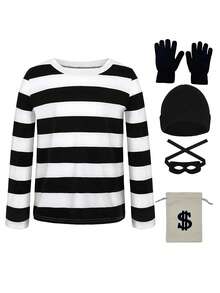 6PCS/8PCS - Men's & Women's Burglar Costume With Striped Shirt, Eye Mask, Money Bag & Gloves, Carnival Couple Party Outfit - Multicolor - View 1