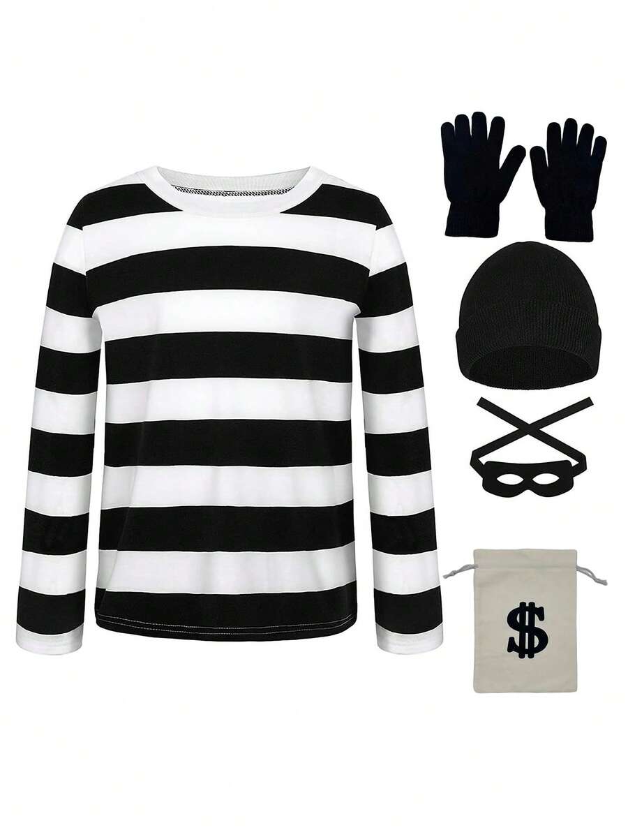 6PCS/8PCS - Men's & Women's Burglar Costume With Striped Shirt, Eye Mask, Money Bag & Gloves, Carnival Couple Party Outfit - Multicolor - View 1