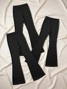 Tween Mädchen Leggings Einfarbig mit vertikalem Rippenmuster, hohe Elastizität, bequem, Prinzessin-Stil, Lang, Frühling/Sommer Neuheit, weite Hose (YY1121) - Schwarz - Übersicht 6