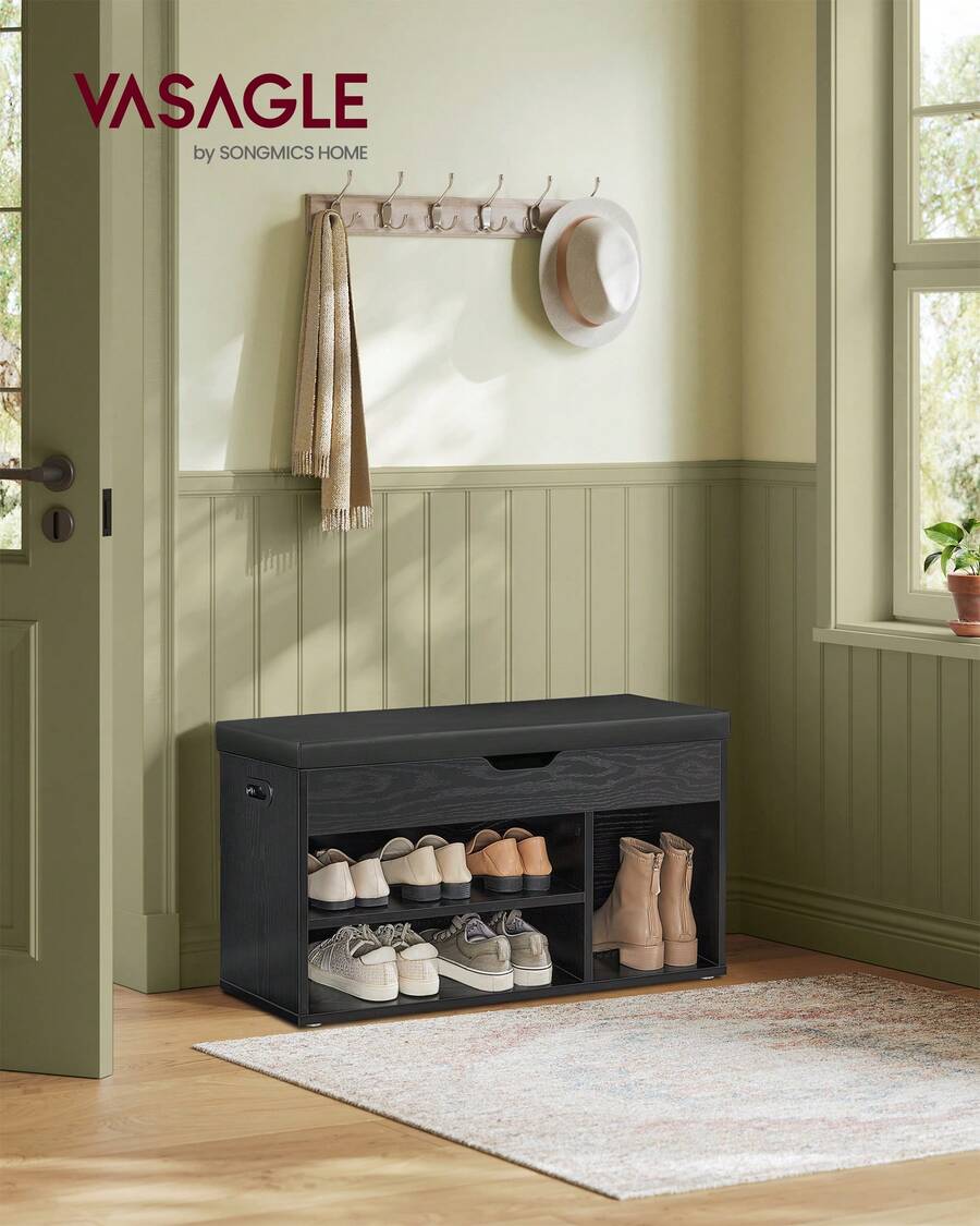 VASAGLE CUSTOS Collection - Storage Bench With Cushion, Shoe Bench, Padded Seat, Hidden Storage, Entryway, Hold Up To 300 Lb, 11.8 X 31.5 X 17.3 Inches, Ebony Black And Ink Black - màu đen - Xem 1