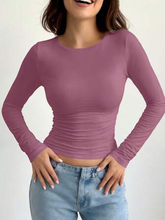 Women's Simple Long Sleeve Casual Slim Fit Round Neck T-Shirt