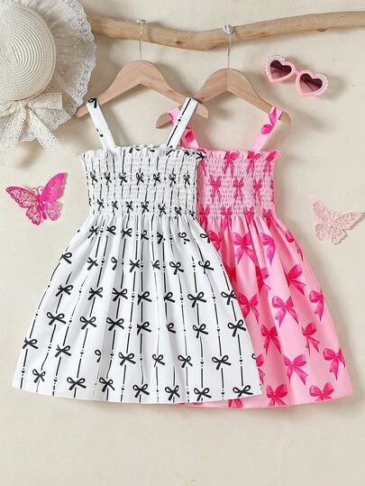 两件套女童甜美蝴蝶印花无袖连衣裙，休闲可爱，适合户外、日常、派对等场合，夏季必备
