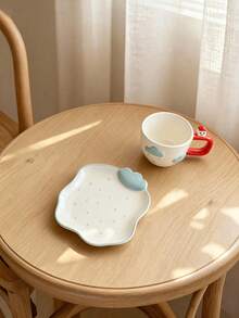 1 Set kreative handgeformte Relief-Keramiktasse & Untertasse mit Wolkenmotiv, handbemalt - Weiss - Übersicht 2