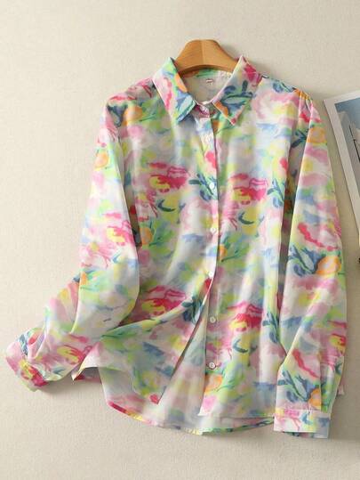Spring Summer French-Inspired Colorful Pattern Printed Long Sleeve Shirt