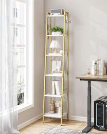 HaluPeit 4/5-Tier Ladder Shelf, Bookshelf Bookcase, Freestanding Corner Storage Shelve With 2 Hooks For Home Office, Living Room, Kitchen, Bedroom, Industrial,Home Decor, White And Gold - Vàng - Xem 7